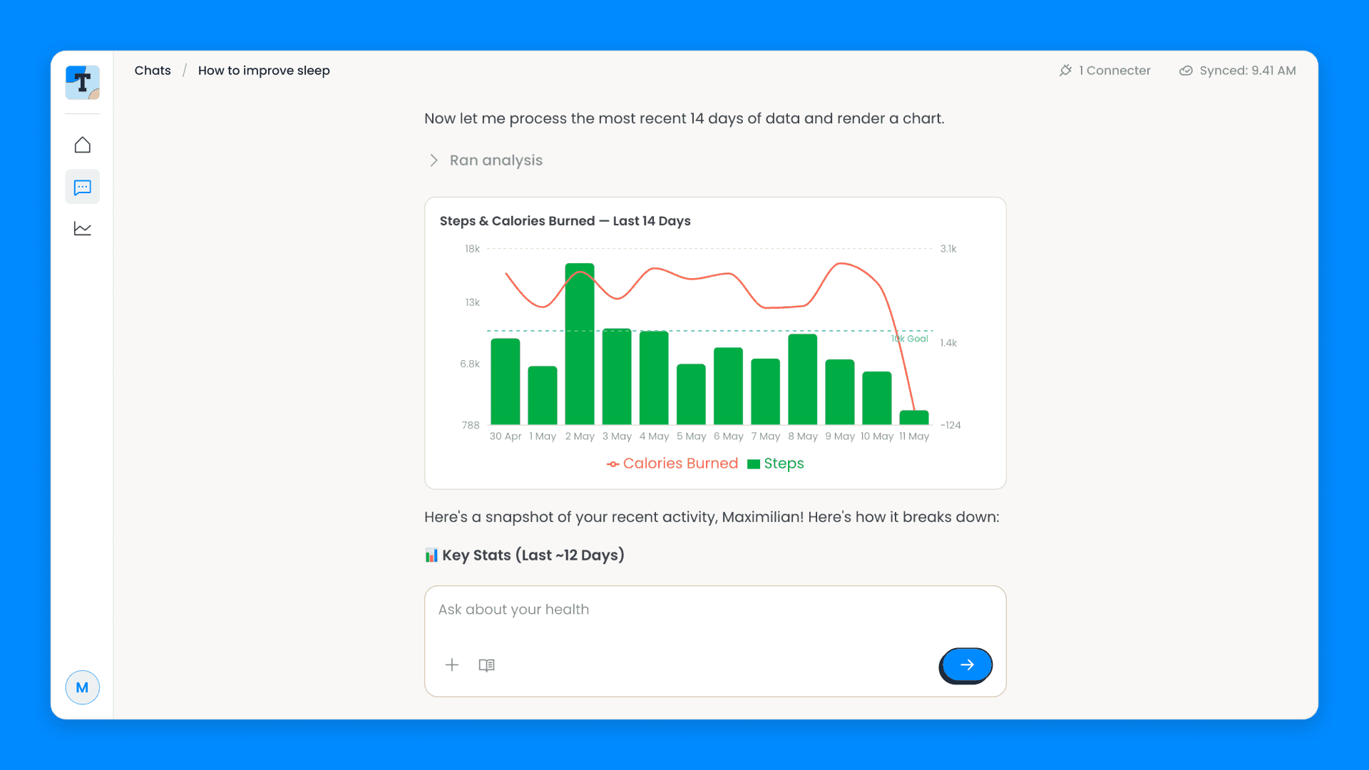 Terra Basecamp AI assistant rendering a steps and calories chart after querying health data through Terra's MCP server
