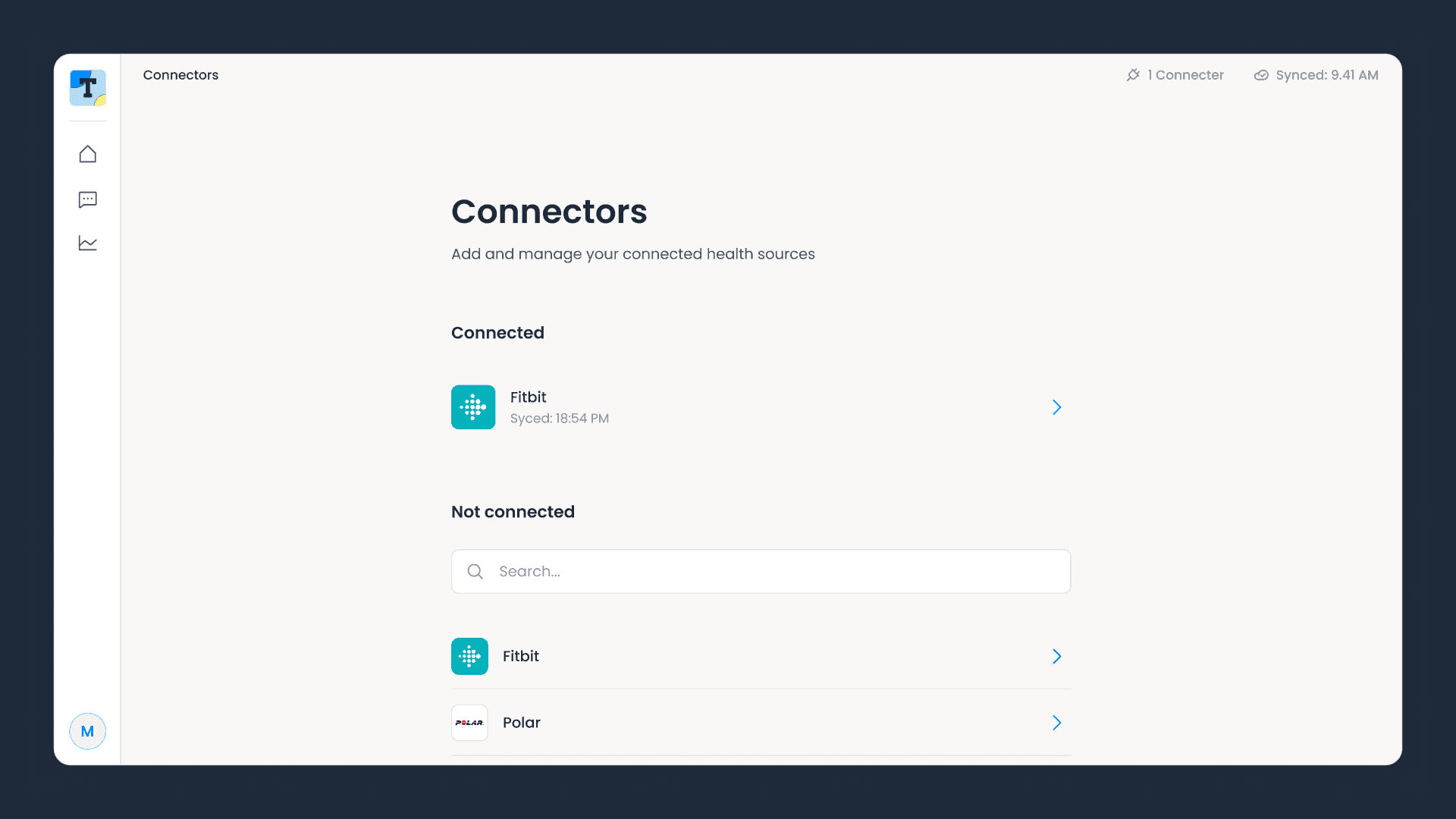 Terra Basecamp connectors page listing a connected Fitbit account with its last sync time above a searchable provider list