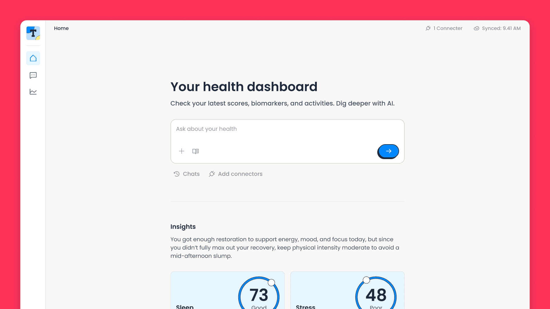 Terra Basecamp health dashboard showing sleep and stress scores, an AI assistant prompt and the last sync time