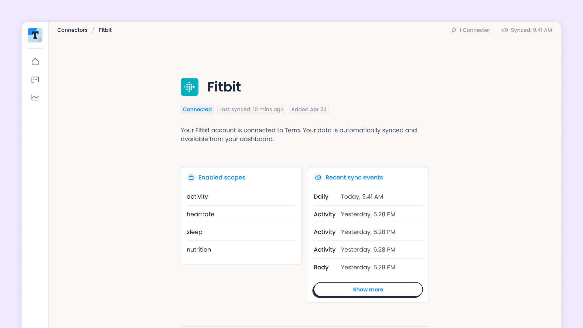 Fitbit connection detail in Terra Basecamp showing enabled scopes and recent sync events by data type