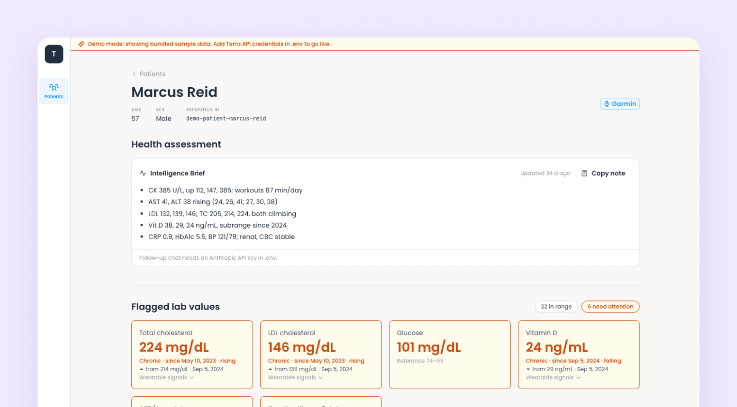 Terra Panel patient view for Marcus Reid with an AI intelligence brief and flagged lab values for cholesterol, glucose and vitamin D, on a lavender background