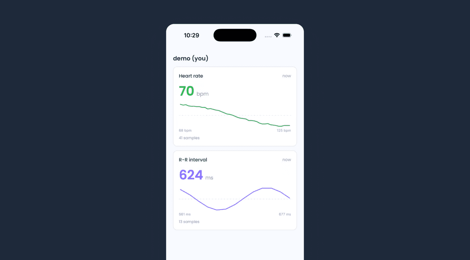 Terra Grip phone screen streaming a live heart rate of 70 bpm and an R-R interval of 624 ms, each with a trend line, on a dark background