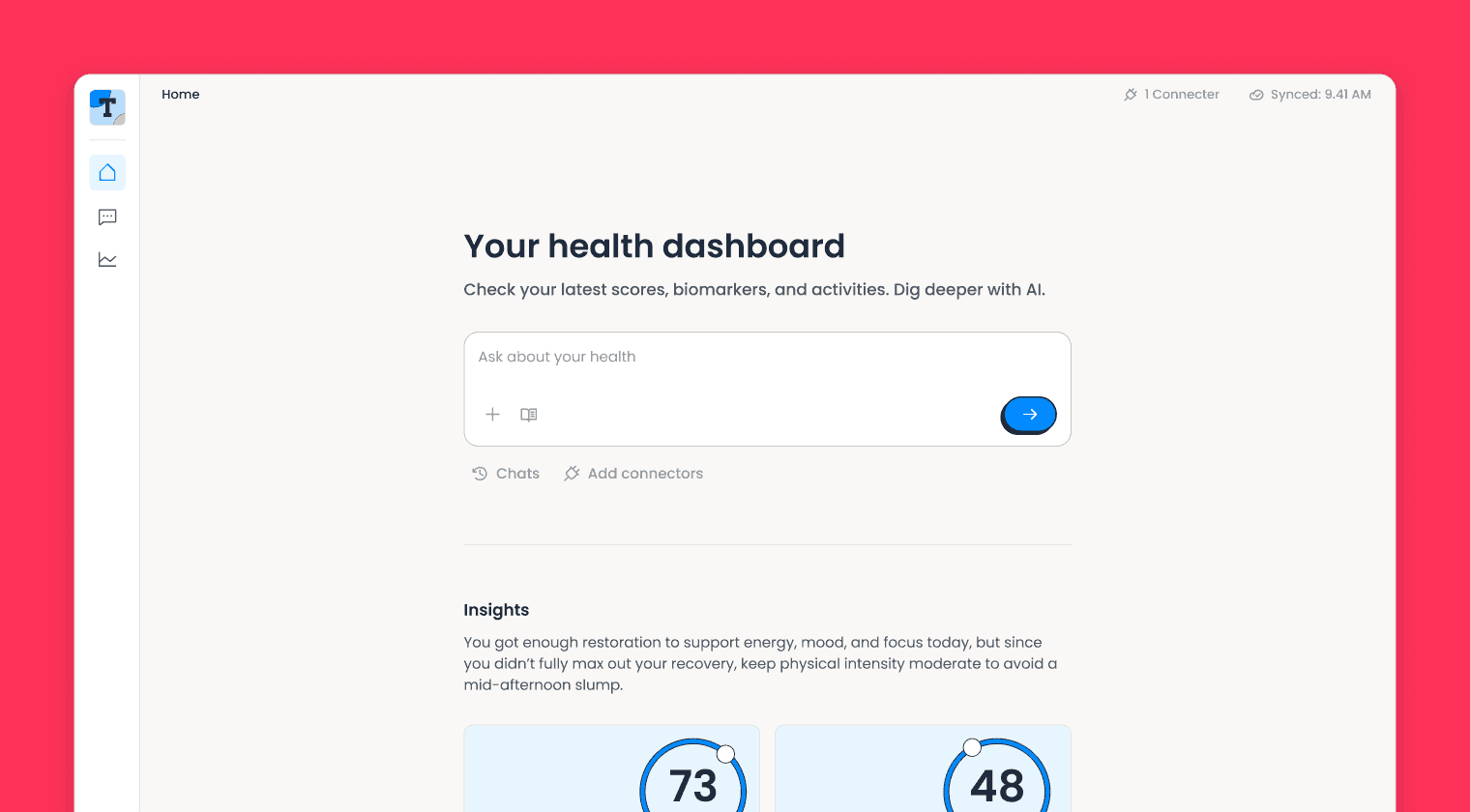 Terra Basecamp health dashboard with an ask-about-your-health prompt, AI insights and daily sleep and stress scores, on a red background