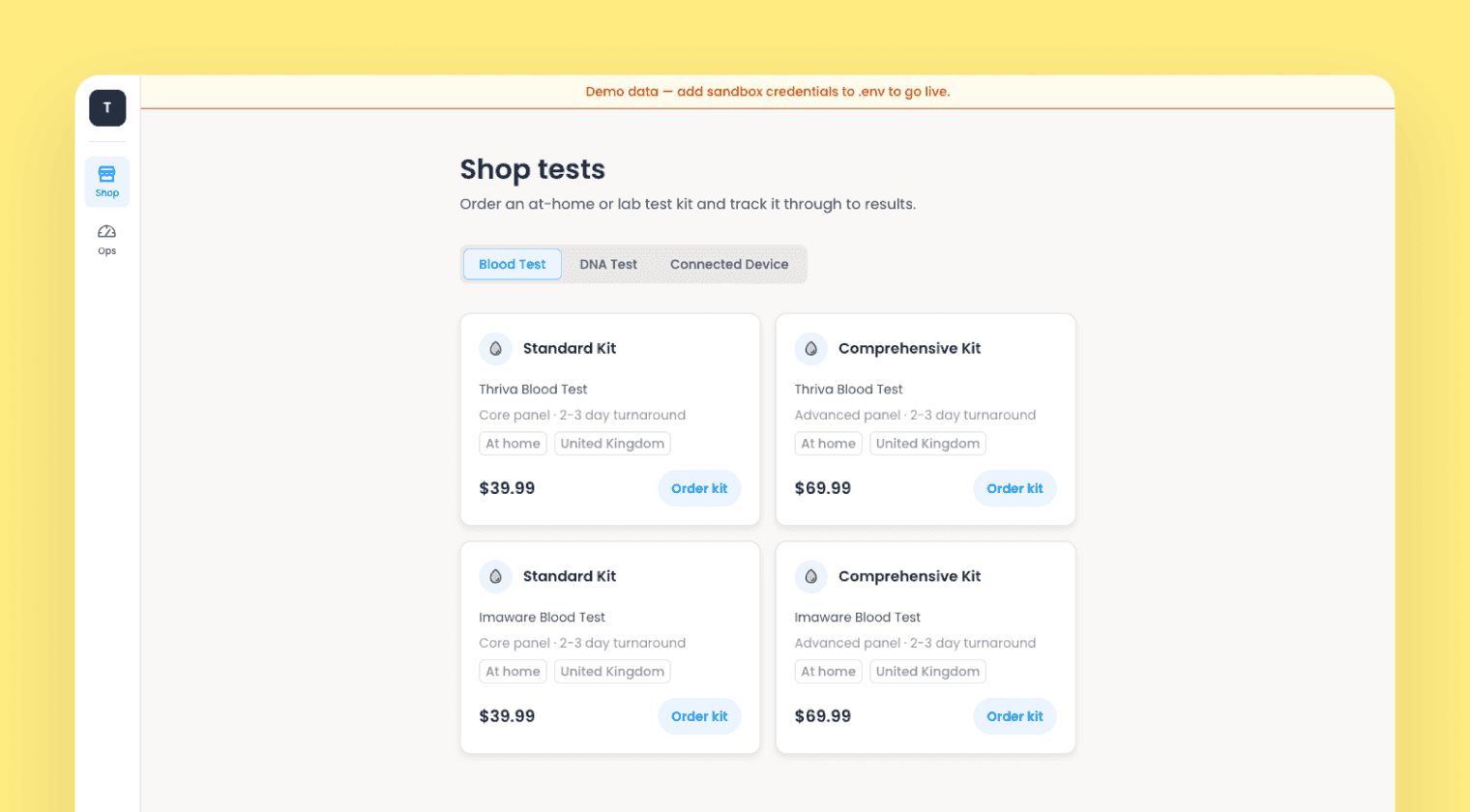 Terra Dispatch storefront listing standard and comprehensive blood test kits with prices and order buttons, under a demo-data banner, on a yellow background